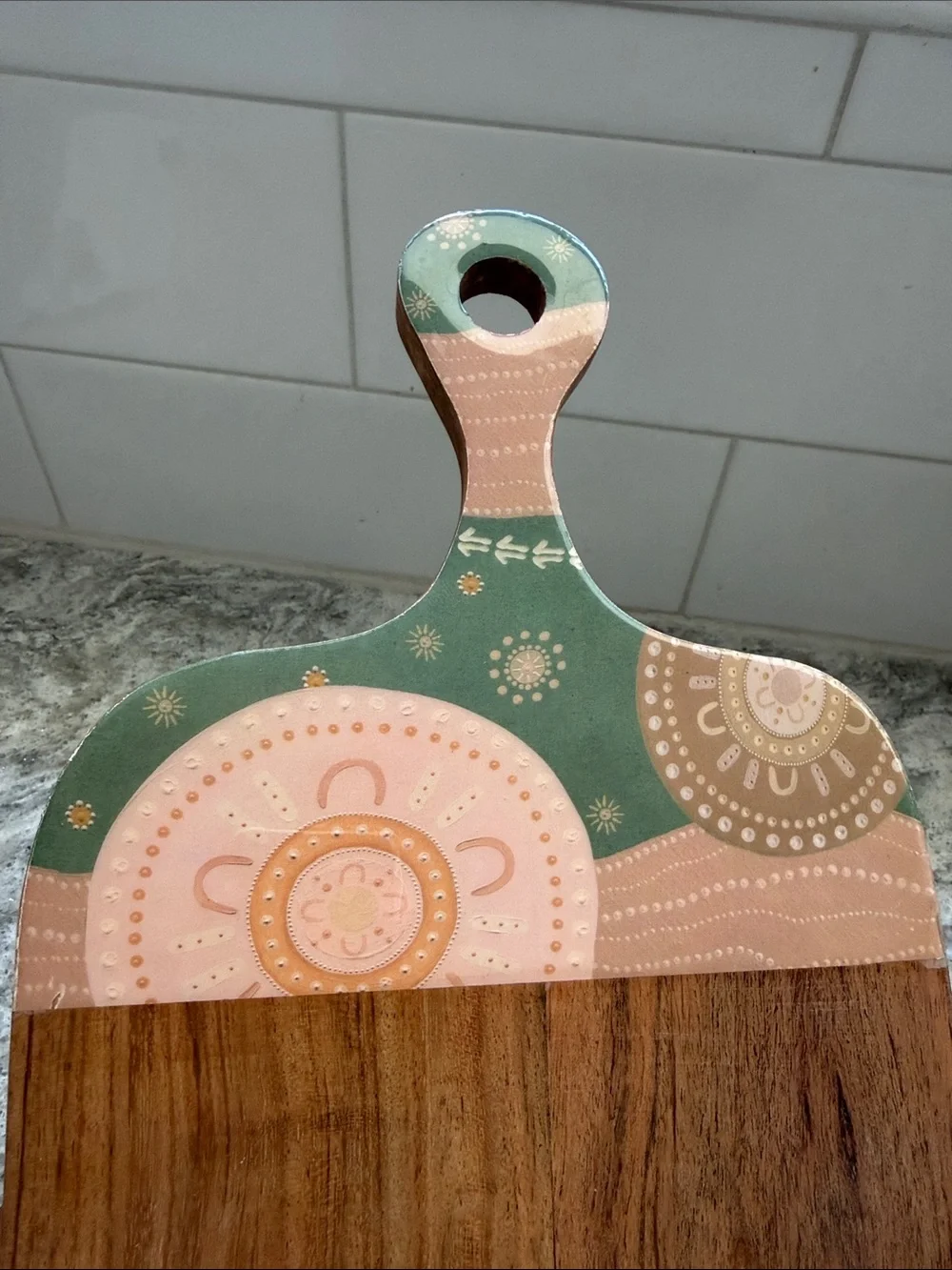 Decorative Acacia Wood Serving Board in Green and Pink, charcuterie board